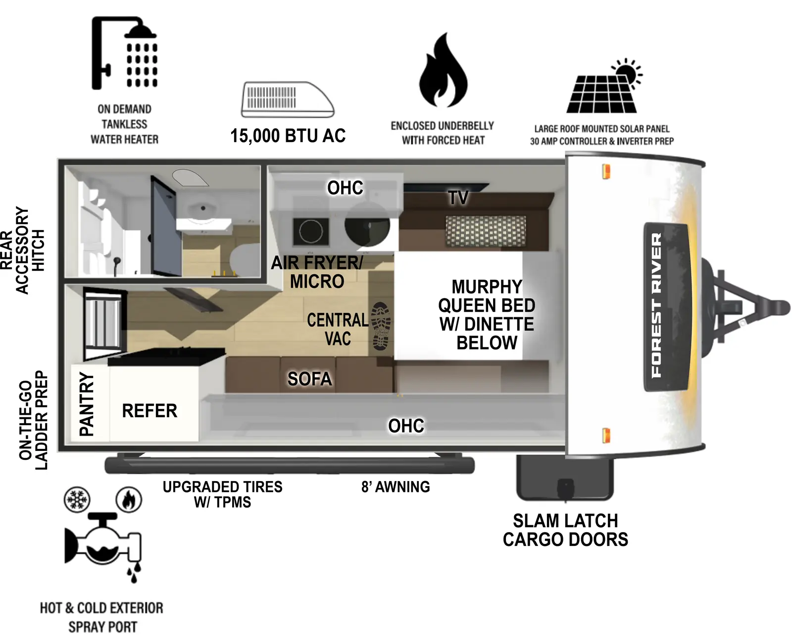 The r-pod RP-153 floorplan has one entry and zero slide outs. Exterior features include: fiberglass exterior and 8' awning. Interiors features include: murphy bed.